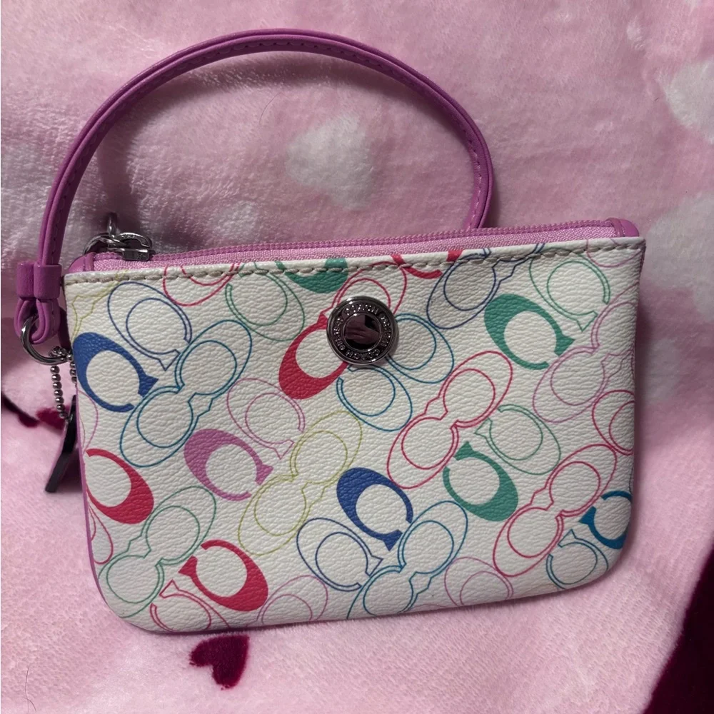 Coach Multicolor Logo Wristlet with Pink Strap - Picture 1 of 4